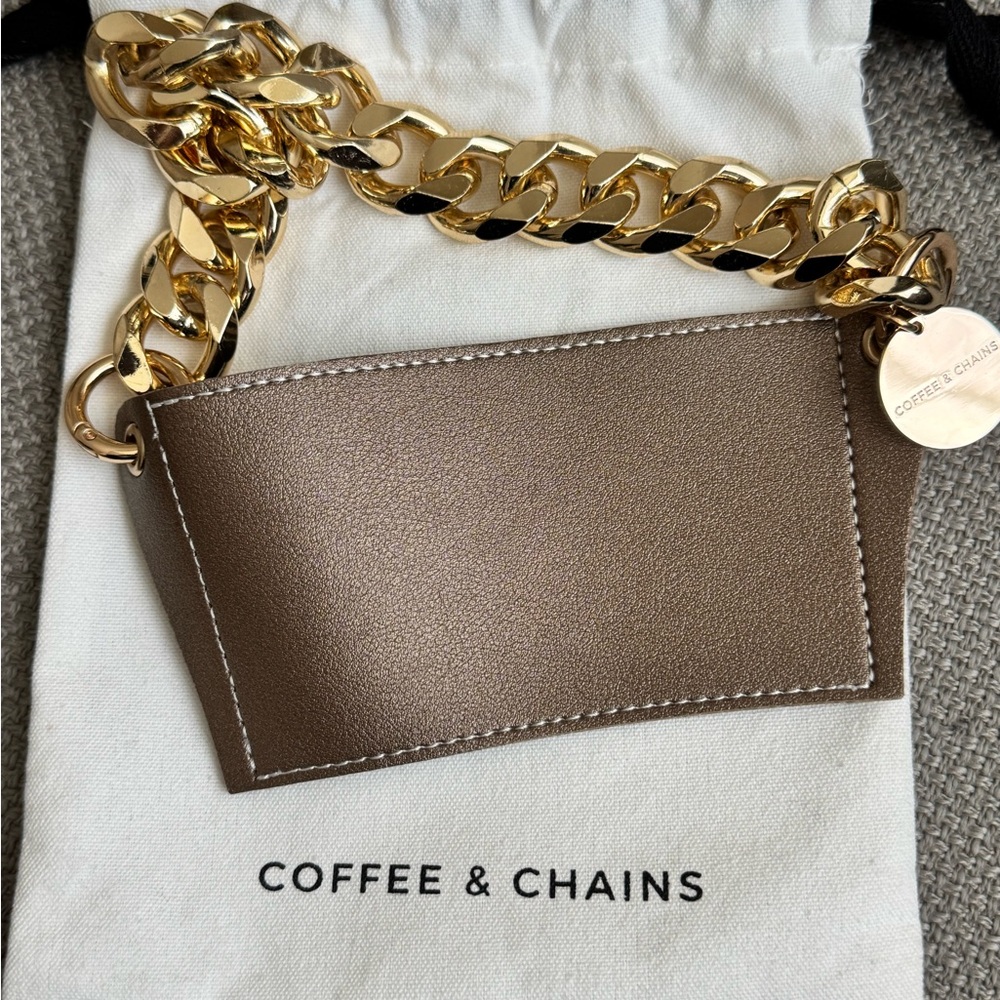 Coffee & Chains Brown Leather Card Holder with Gold Chain